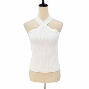 Rachel Zoe White Ribbed Knit Slim Fit Halter Casual Chic Minimalist Summer Top